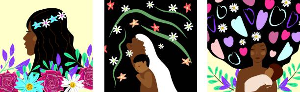Dark skin women illustrations. Motherhood.  african american mothers day stock illustrations