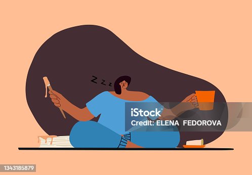 istock dark skinned girl with black hair sits in the lotus position with brush and coffee cup and sleeps on peach colour with braun spot. Concept vector illustration in nature colors 1343185879