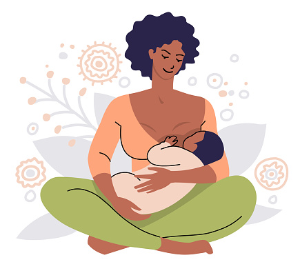Dark skinned mom breastfeeding her newborn baby. Woman feeding infant with breastmilk. Woman sitting with folded legs on a background of plant motifs.