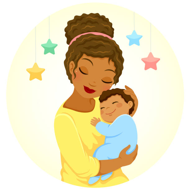 Dark skinned mother and baby Young mother of black ethnicity hugging a smiling baby boy mother clipart stock illustrations