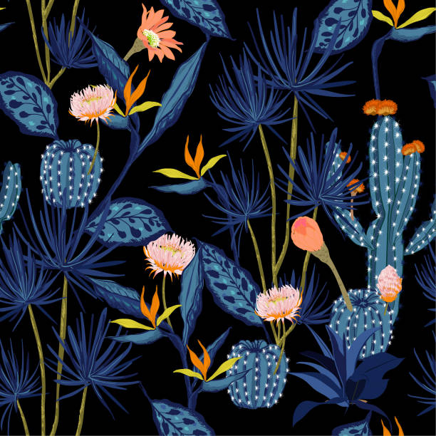 Dark summmer night Seamless pattern vector tropical ,flower,bird of paradise and cactus forest ,hand drawing style for fashion,fabric Dark summmer night Seamless pattern vector tropical ,flower,bird of paradise and cactus forest ,hand drawing style for fashion,fabric and all prints on black background. cactus patterns stock illustrations