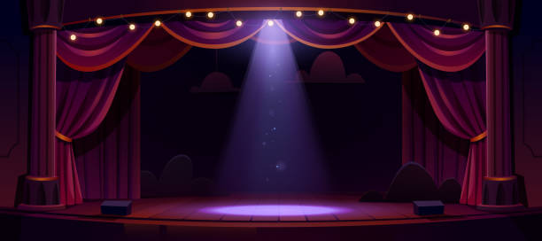 Dark theater stage with red curtains and spotlight Dark theater stage with red curtains, columns and spotlight in center. Theatre interior empty wooden scene, luxury velvet drapes, decoration and light beam fall on floor, cartoon vector illustration performance backgrounds stock illustrations