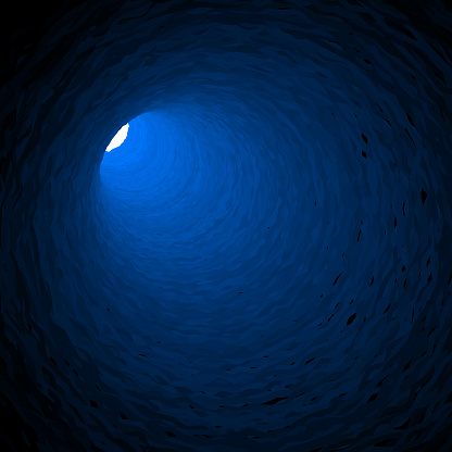 Dark uneven cave leading to bright light. 3D Vector