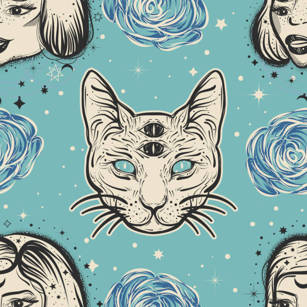 темный ведьма бесшовные картины в стиле татто искусства с четырьмя глазами леди, кошка и розы - странный stock illustrations