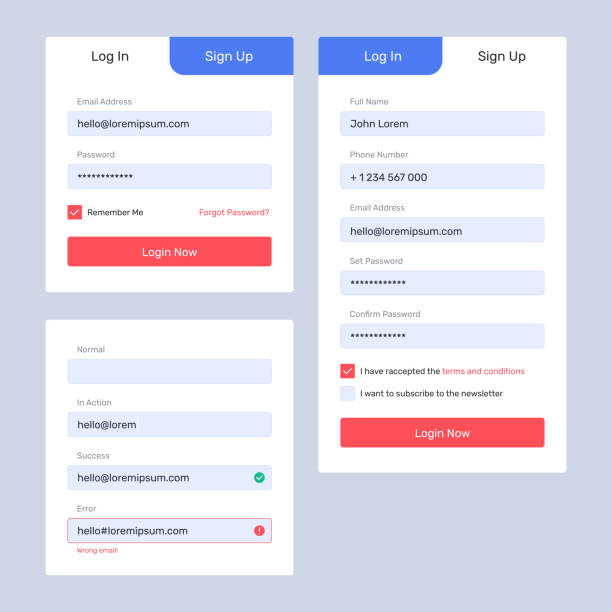 dark-web-ui-login-signup-form copy Log in, sign up web forms with the detailed description. Vector design. Pop up with buttons and inputs. signup stock illustrations