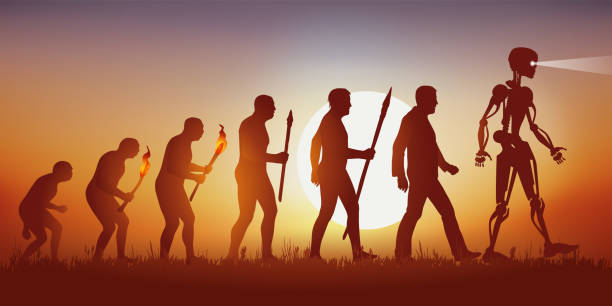 Darwin's theory of the evolution of the human silhouette leading to the robot with artificial intelligence. Concept of science fiction and artificial intelligence with the symbol of Darwin showing the evolution from primitive man to modern man, to the android robot silhouettes stock illustrations