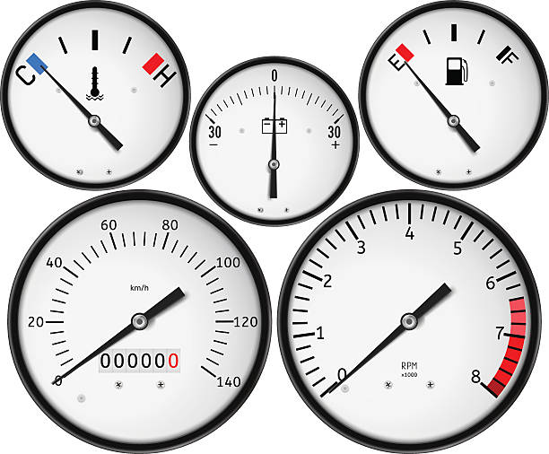 Dashboard - fuel gauge, tachometer, speedometer, fuel gauge Dashboard - fuel gauge, tachometer, speedometer, odometer, fuel gauge, accumulator charge gauge. Realistic vector illustration isolated on white background garage borders stock illustrations