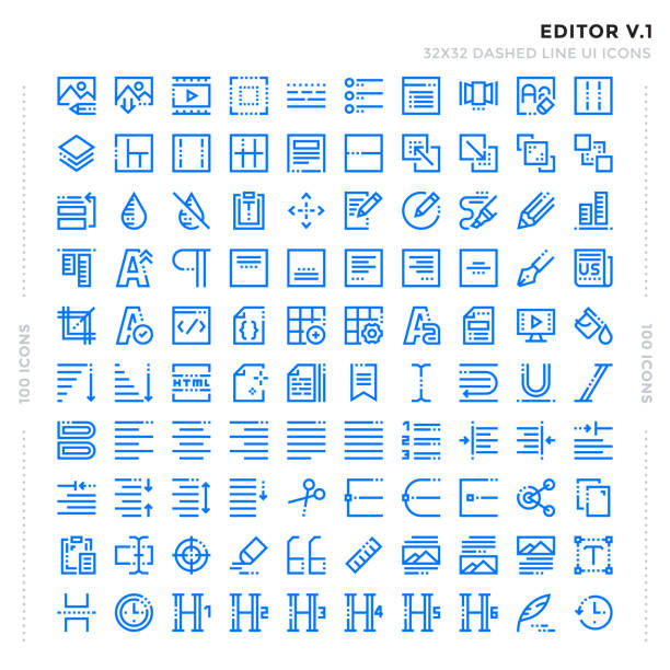 Dashed Outline Icons Pack for UI. Pixel perfect thin line vector icon set for web design and website application. Dashed Outline Icons Pack for UI. Pixel perfect thin line vector icon set for web design and website application. paragraph break stock illustrations