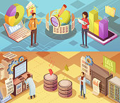 Data analysis isometric banners with staff computer equipment global information search charts and statistics isolated vector illustration