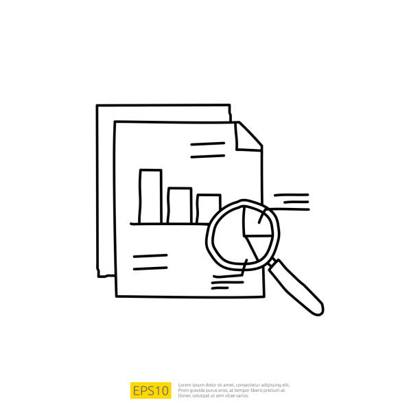 data analysis concept doodle linear icon with magnifier and graphic chart document. Statistics science technology, digital marketing and machine learning related for business strategy illustration vector art illustration