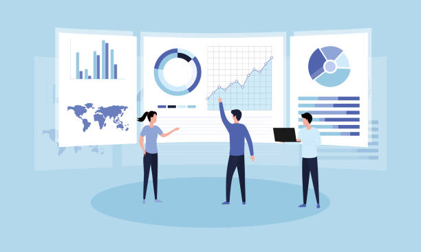 데이터 분석 개념입니다. 홀로그램 차트및 영업 관리 통계 및 운영 보고서, 핵심 성과 지표의 다이어그램에 대한 비즈니스 분석가의 팀워크. 플랫 벡터 일러스트레이션 - big data stock illustrations