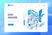 Data analysis concept with characters. Can use for web banner, infographics, hero images. Flat isometric vector illustration isolated on white background.