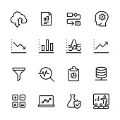 16 line black on white icons / Set #48
Pixel Perfect Principle - all the icons are designed in 48x48pх square, outline stroke 2px.

First row of outline icons contains: 
Cloud Computing, Financial Report, Organization Chart, Brainstorming;

Second row contains: 
Moving Down Chart, Bar Graph Chart, Dashboard Chart, Moving Up Chart;

Third row contains: 
Separating Funnel, Magnifying glass and Chart, Clipboard and Pie Chart, Network Server; 

Fourth row contains: 
Calculator, Laptop Chart, Flask and Check Mark, Conference.

Complete Inlinico collection - https://www.istockphoto.com/collaboration/boards/2MS6Qck-_UuiVTh288h3fQ