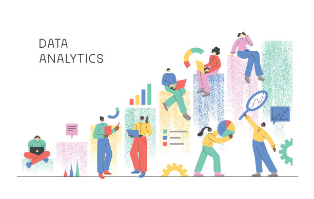 Data analytics Business people analysing data, using laptops and phones.
Fully editable vectors. big data stock illustrations