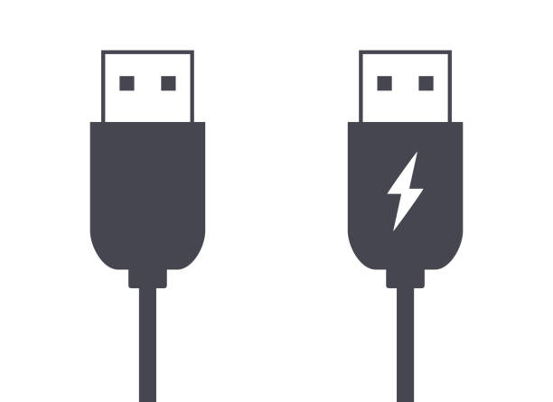 USB data and charging cable icons USB data connection and charging cable plugs vector illustration icon and symbols usb cable stock illustrations