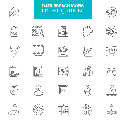 Cybercrime outline icons set. Contains such icons as Hacker attack, Security breach, privacy. Editable stroke.