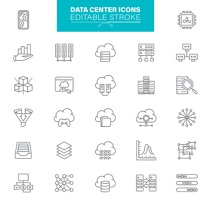 Data center and hosting icons. Editable Stroke. Data Analytics, VPS, SSD, DNS