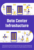 Data center infrastructure poster flat silhouette vector template. Server upkeep brochure, booklet one page concept design with cartoon characters. System administration flyer, leaflet with text space