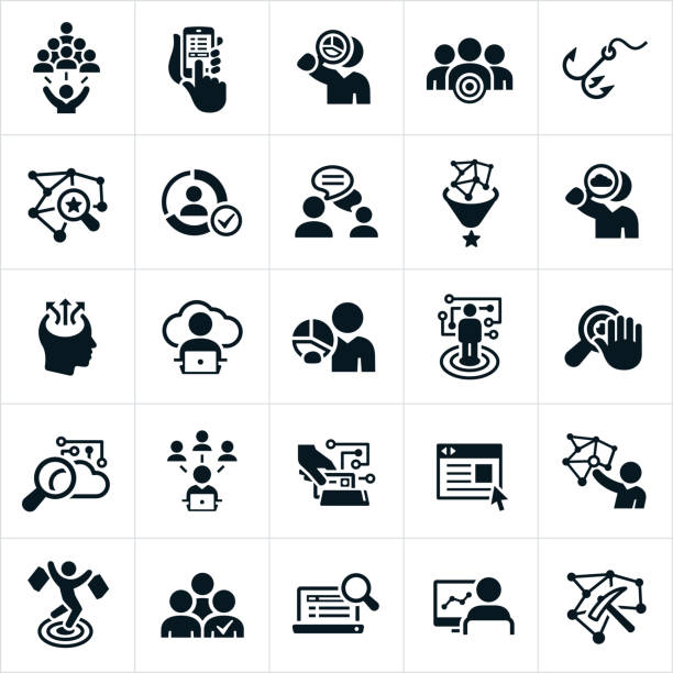 Data Collection and Big Data Icons A set of icons symbolizing big data and the collection and analyzing of that data that companies use for pinpoint advertising. The icons show data, social media, data collection, data analysis, advertising and other technological symbols associated with the collection and use of personal data for targeted marketing efforts. target market stock illustrations