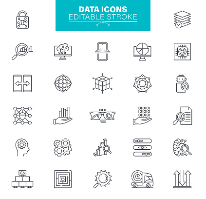 Data Processing - thin line vector icon set. Editable stroke. Set contains such icons as Data, Infographic, Big Data, Cloud Computing, Machine Learning, Security System, Charts, Brainstorming.