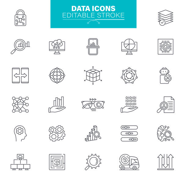 Data Icons Editable Stroke. Set contains such icons as Data, Infographic, Big Data, Cloud Computing, Machine Learning, Security System Data Processing - thin line vector icon set. Editable stroke. Set contains such icons as Data, Infographic, Big Data, Cloud Computing, Machine Learning, Security System, Charts, Brainstorming. data stock illustrations