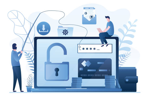 Data phishing concept background. Online scam, malware and password phishing. Data phishing concept background. Online scam, malware and password phishing. User with laptop and hacker in mask attack computer and steals information. Financial Security Problem. Vector illustration scammer stock illustrations