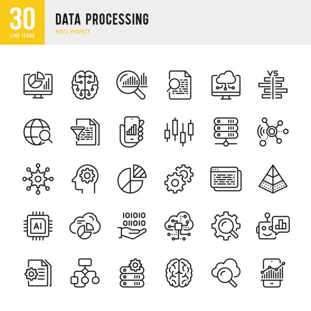 pemrosesan data - kumpulan ikon vektor garis tipis. piksel sempurna. set berisi ikon seperti data, infografis, big data, komputasi awan, kecerdasan buatan, otak, pembelajaran mesin, sistem keamanan. - ai ilustrasi stok