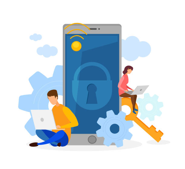 Data Protection, Cyber Security Flat Illustration Data Protection, Cyber Security Flat Illustration. Programmers Working with Laptops Cartoon Characters. Privacy Software Development. Personal Information Limited Access, Locked Smartphone security drawings stock illustrations