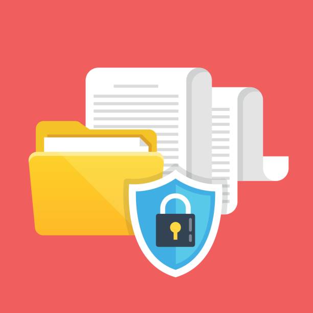 データ保護は、ファイル セキュリティとアクセス権の概念を。フォルダー、ドキュメント、ロック アイコンにシールド。モダンなフラット デザインのベクトル図 - 警護する点のイラスト素材／クリップアート素材／マンガ素材／アイコン素材