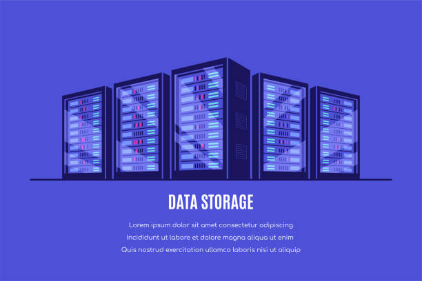 banner koncepcyjny przechowywania danych, ilustracja wektorowa w stylu płaskim - data center stock illustrations