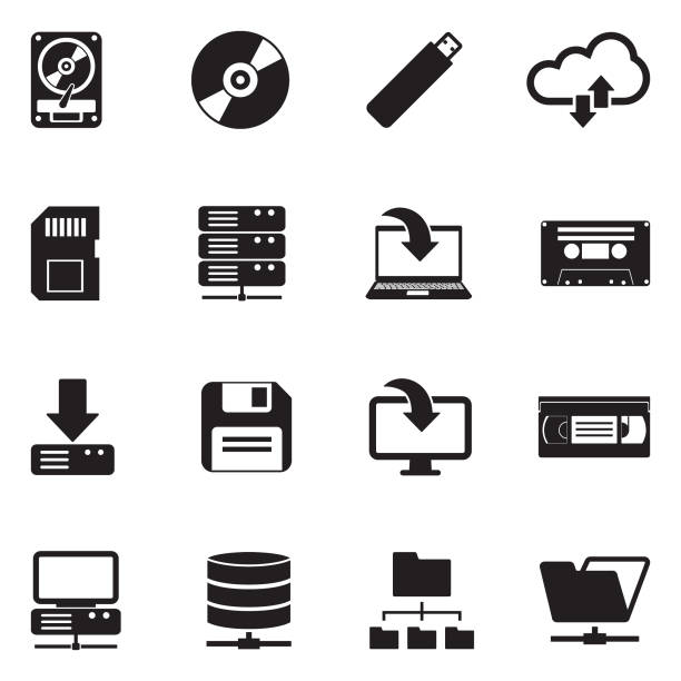 Data Storage Icons. Black Flat Design. Vector Illustration. Hard Drive, CD, USB, Server, Memory Card compact disc illustrations stock illustrations