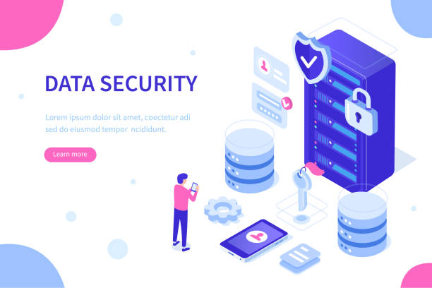 data storage Cyber security and data storage concept with characters. Can use for web banner, infographics, hero images. Flat isometric vector illustration isolated on white background. shielding illustrations stock illustrations