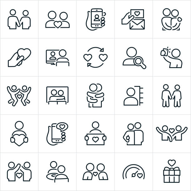 Dating and Relationships Icons A set of dating and relationships icons. The icons include couples, two people holding hands, a couple in love, online dating, dating, love note, couple holding each other, a heart, online chat, selfie, date, movies, profile, chatting, eating, sitting at a table together, hugging, leaning in for a kiss and a romantic gift to name a few. selfie symbols stock illustrations