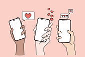 Dating in internet and online chat concept. Human hands holding smartphones with likes and hearts in application online vector illustration
