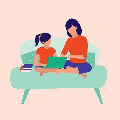 Daughter Having Homeschooling At Home. Online Education Concept. Vector Flat Cartoon Illustration.