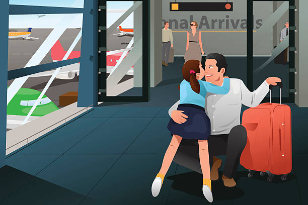 Daughter Hugging Her Father at the Airport A vector illustration of daughter reunion with her father at airport cartoon of the family reunions stock illustrations