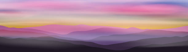 ilustrações, clipart, desenhos animados e ícones de amanhecer acima das montanhas - panorâmica