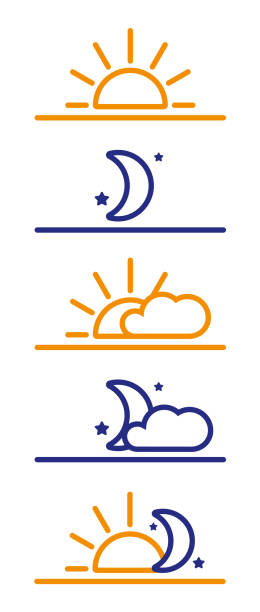 Day and Night icons. Sun, moon, morning night Times of day, morning, evening, night and round the clock vector icons with sun, moon, stars and clouds dusk stock illustrations