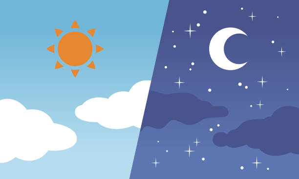 낮과 밤, 태양과 달 - 밤 하루 시간대 stock illustrations