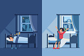 Woman sleep in bed at night and wake up in the morning. Flat style vector illustration.