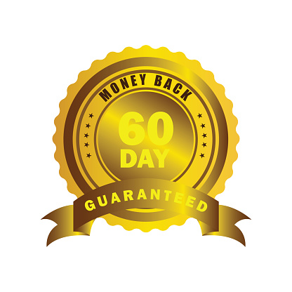60 Day golden money back guarantee emblem on white background.