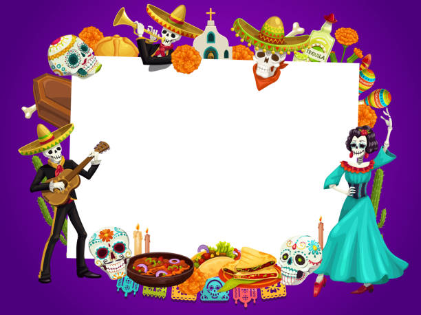 Day of Dead in Mexico, dancing woman man skeletons Day of dead in Mexico, Dia de los Muertos holiday frame. Vector dancing dead man playing guitar and woman frida in dress. Calavera skulls, flowers and tequila, sombrero hat, church, food and drinks dancing borders stock illustrations