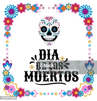 istock Day of the dead background with skull and flowers on white 1340779410