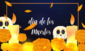 istock Day of the Dead card with skull on Blue background. 1288074957