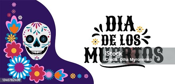 istock Day of the dead colorful design template with skulls and flowers in flat style 1340782400