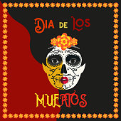 Mexican Dia de los Muertos. Day of the Dead Woman with Sugar Skull Face tattoo. Traditional holiday in Mexico. Flat colorful style. Vector design festive banner with Cavalera Catrina background