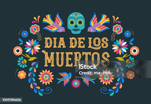 istock Day of the dead, Dia de los moertos, banner with colorful Mexican flowers. Fiesta, holiday poster, party flyer, greeting card 1009396606