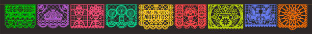 Day of the Dead. Dia de los muetros. Papel Picado. Vector horizontal banner with traditional Mexican paper cutting flags. Isolated on black background. mexico stock illustrations