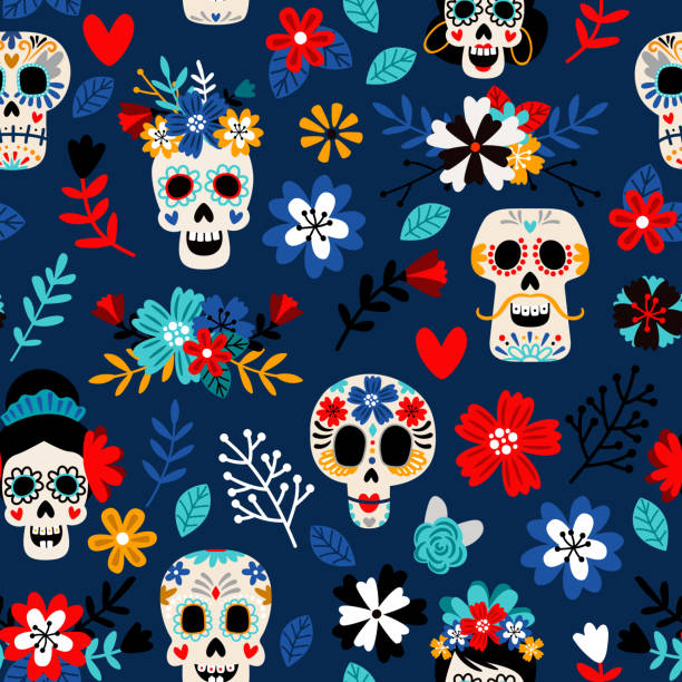 Day of the dead pattern Day of the dead pattern. Dia de los muertos mexican festival seamless color pattern with dead colors sugar skulls, flowers and hearts decoration colorful vector background halloween background stock illustrations