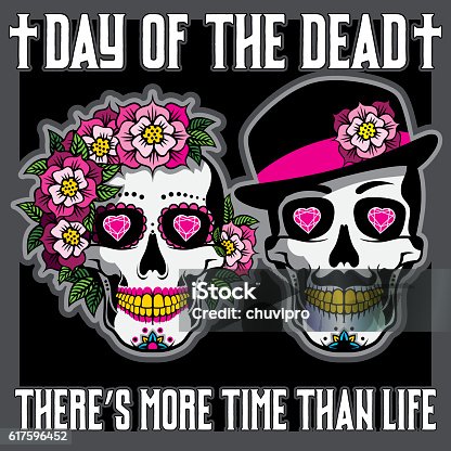 istock Day of the Dead Placard with female and male skulls 617596452